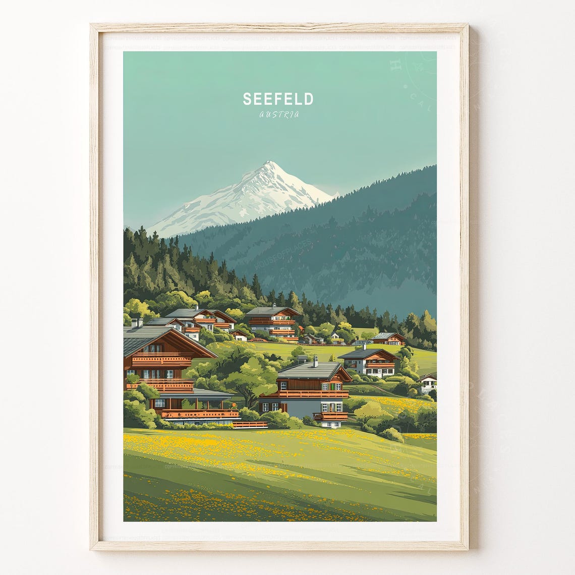 Seefeld Austria Alpine Valley Chalets Wildflower Meadow Travel Poster