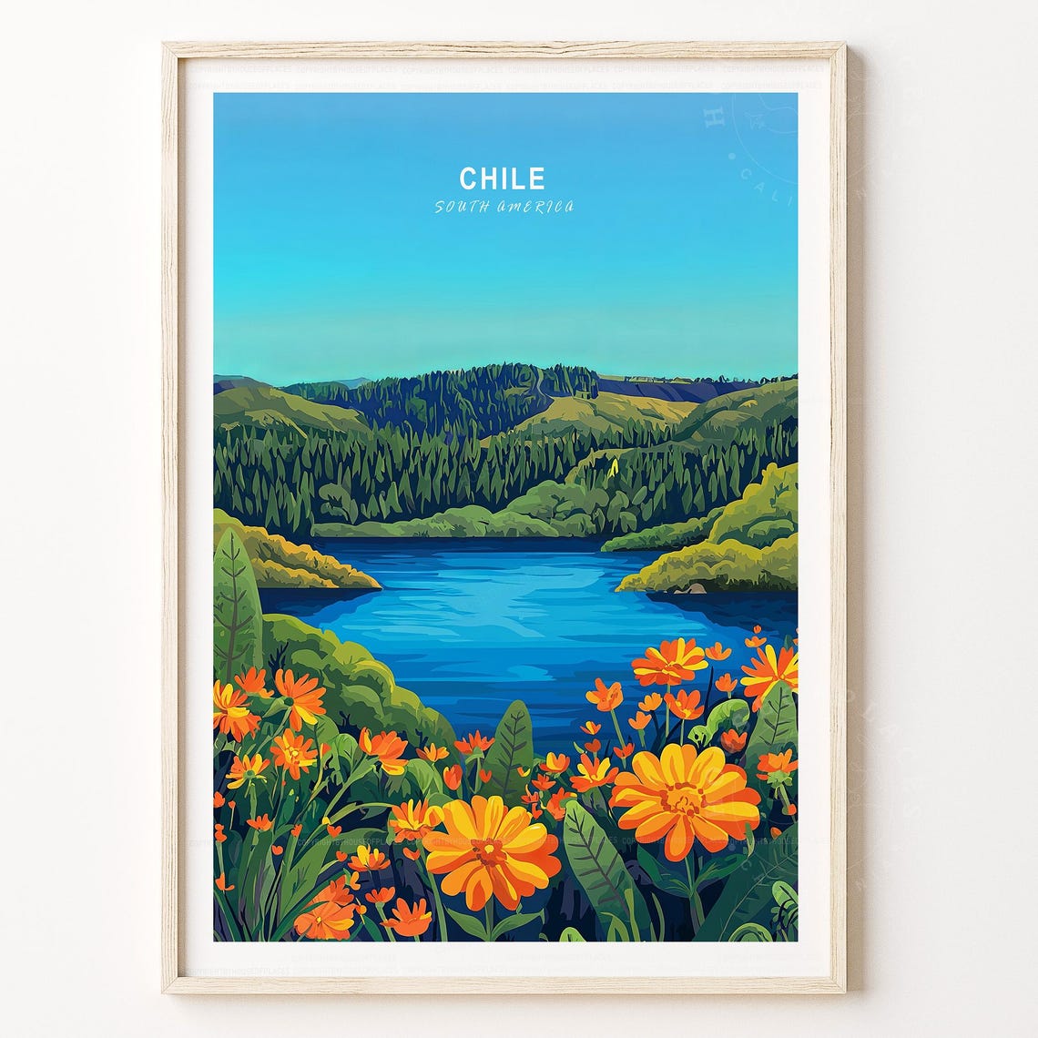 Chile South America Lakes and Mountains Wildflower Travel Poster