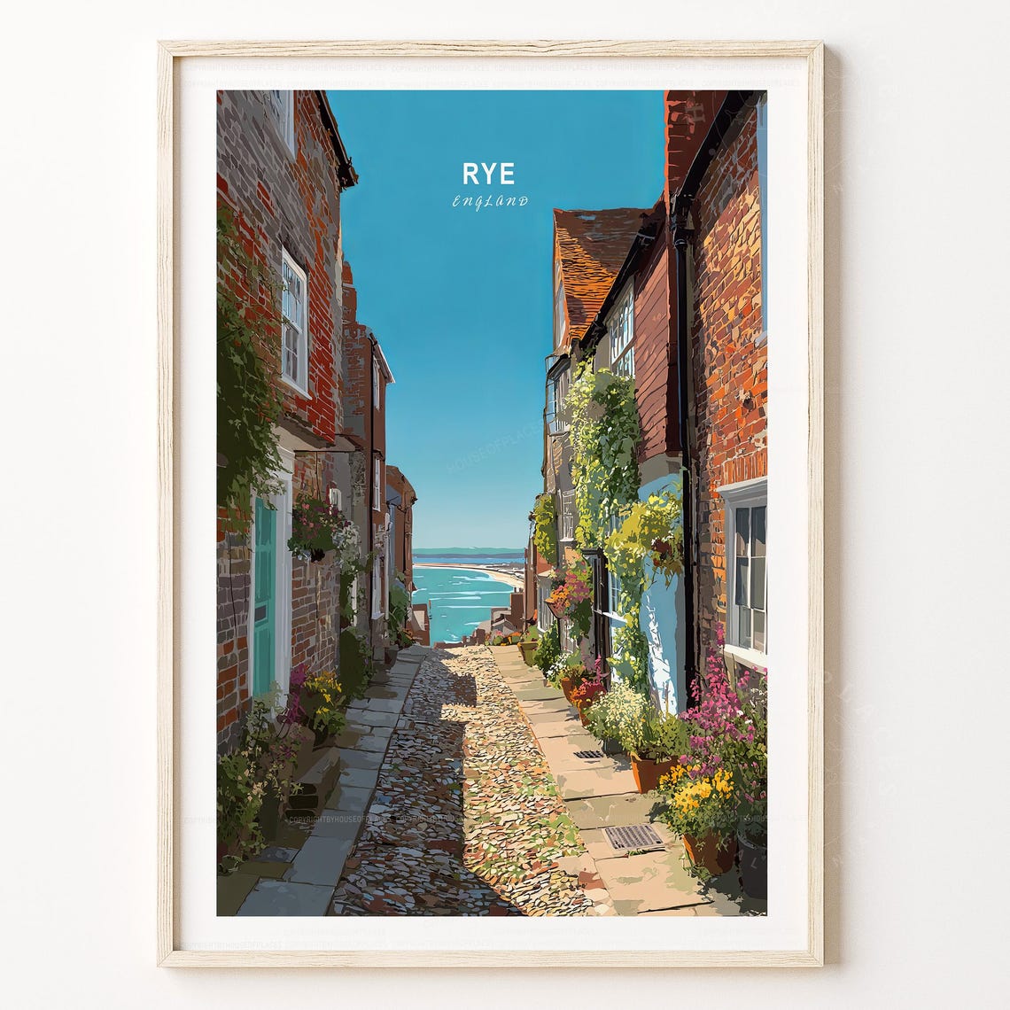 Rye England Historic Cobbled Street Sea View Retro Travel Poster