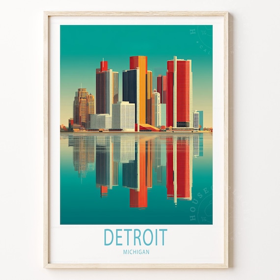 Detroit Michigan Downtown Skyline Reflection Vintage Travel Poster