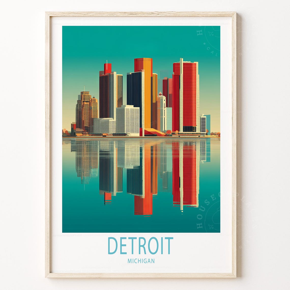 Detroit Michigan Downtown Skyline Reflection Vintage Travel Poster