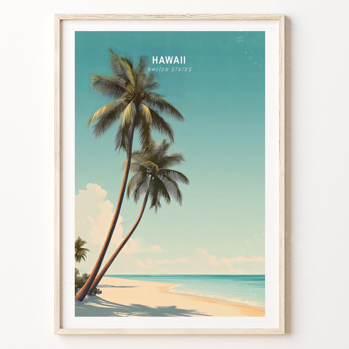 Hawaii Beach Travel Poster Minimalist Palm Trees Tropical Ocean Wall Decor