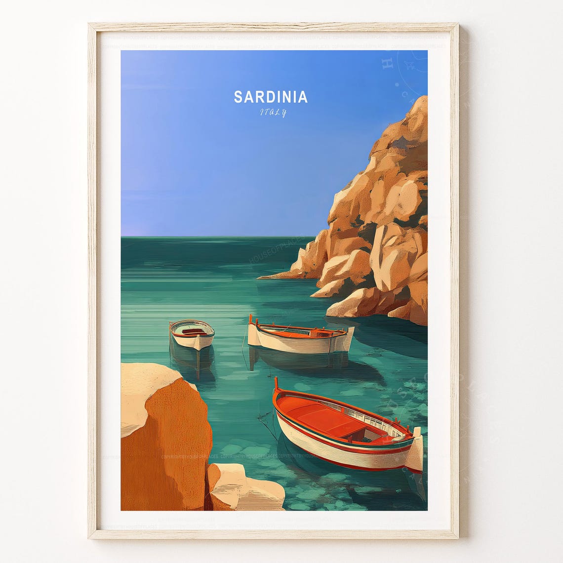 Sardinia Italy Turquoise Bay Boats Rocky Cliffs Daytime Travel Poster