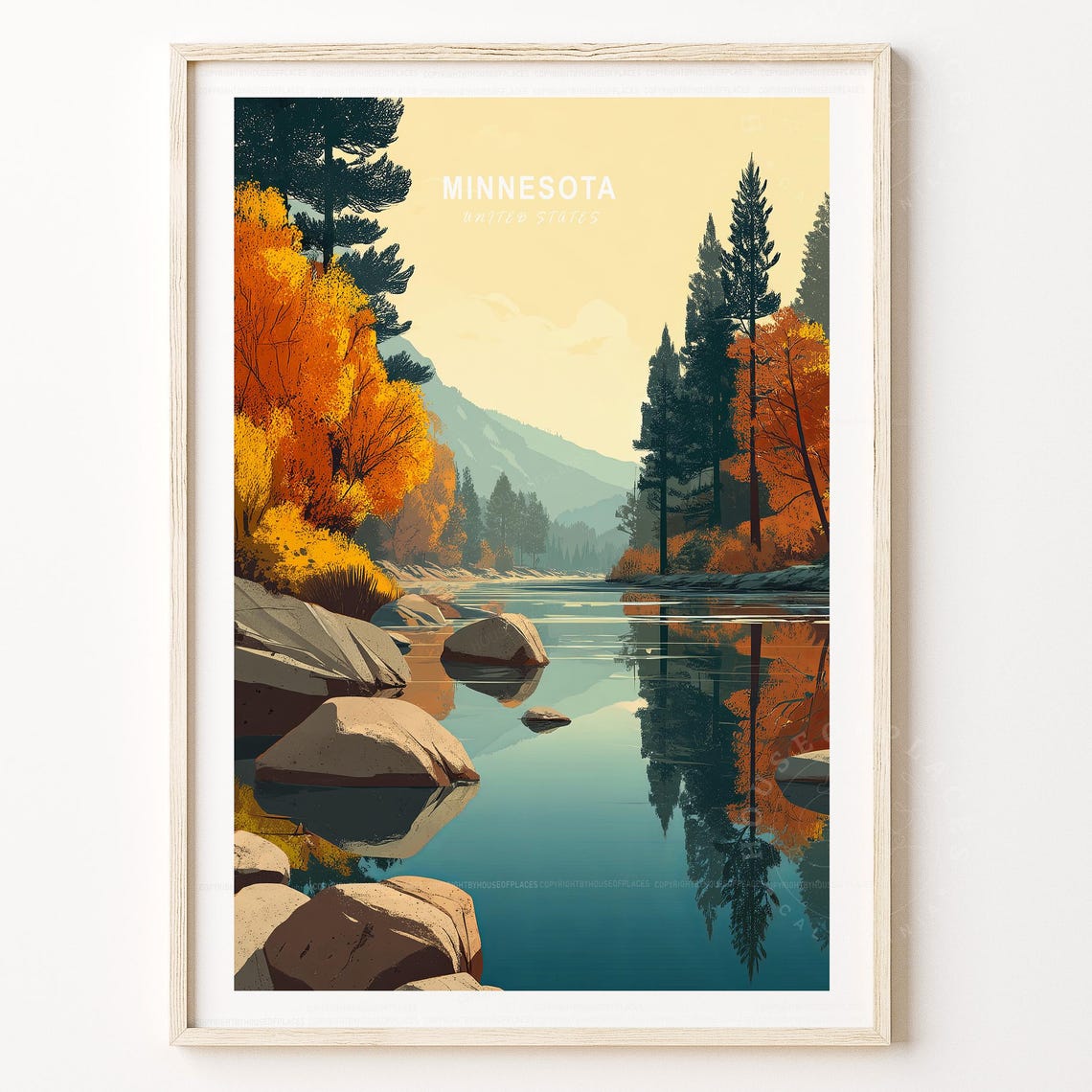 Minnesota Autumn River Travel Poster Golden Fall Foliage Reflection