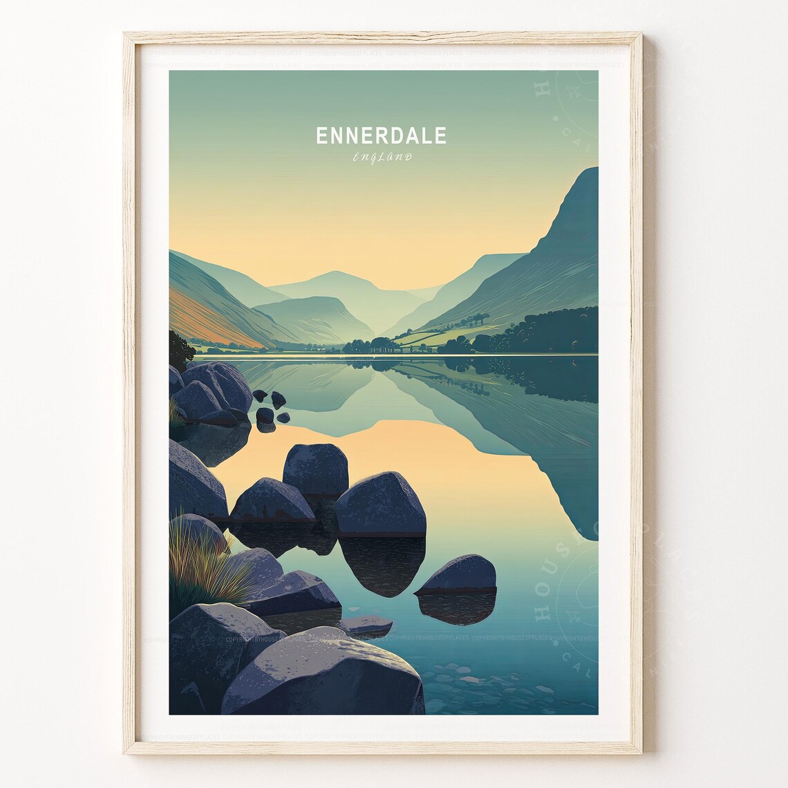 Ennerdale England Travel Poster Calm Lake Boulders Golden Light Art