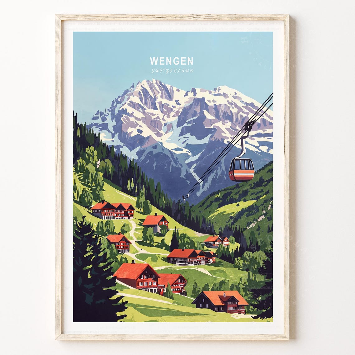 Wengen Switzerland Mountain Chalets Gondola Ride Scenic Travel Poster