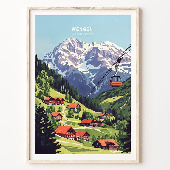 Wengen Switzerland Mountain Chalets Gondola Ride Scenic Travel Poster