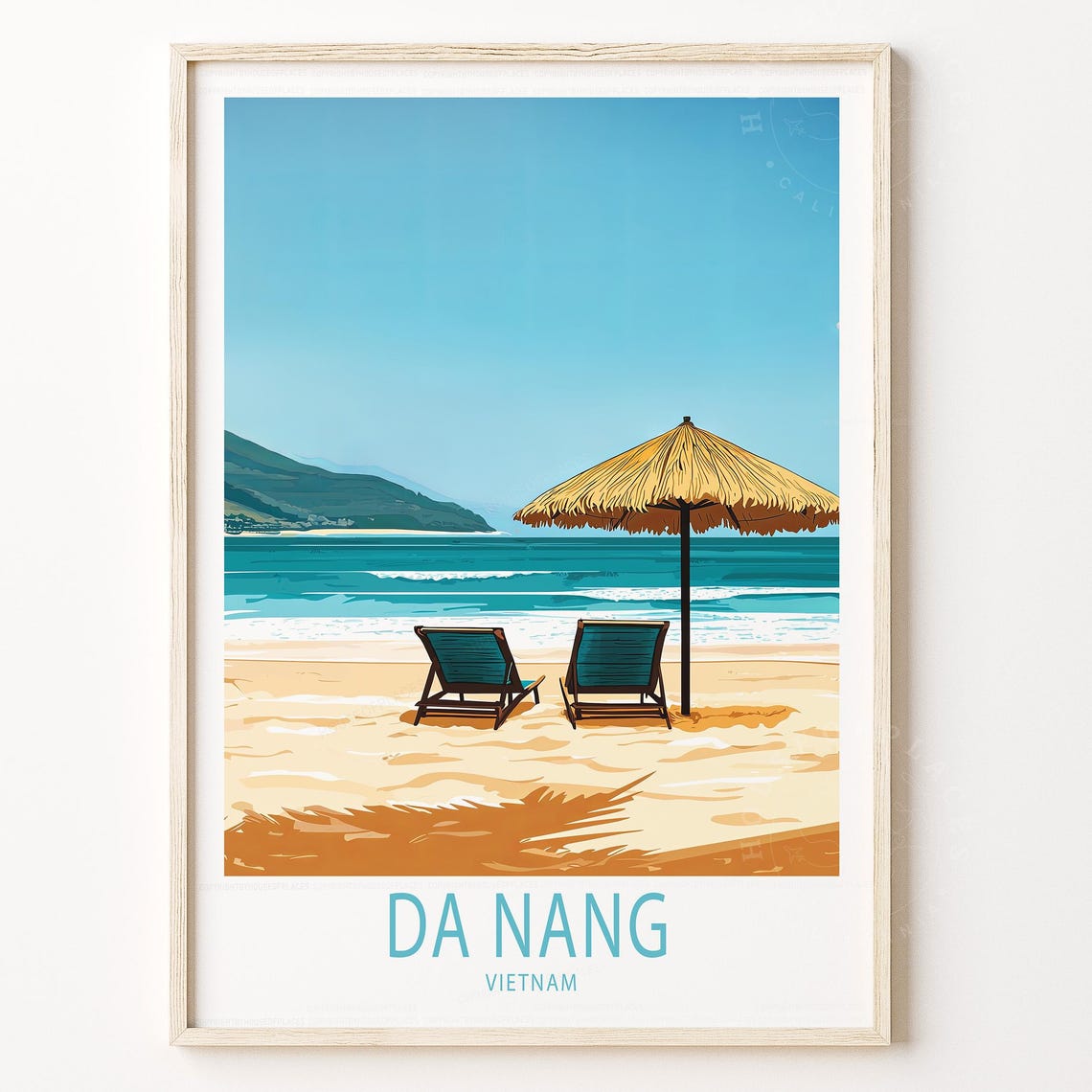 Da Nang Vietnam Beach Umbrella Lounge Chairs Vintage Travel Poster