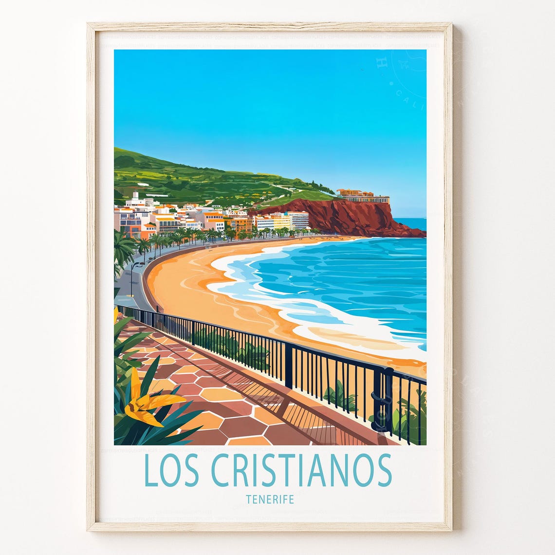 Los Cristianos Tenerife Golden Beach Promenade Retro Travel Poster