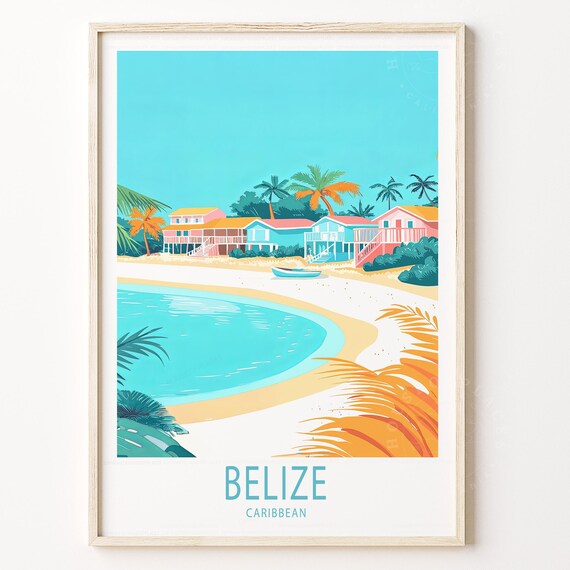 Belize Caribbean Beach Huts Retro Travel Tropical Coast Poster
