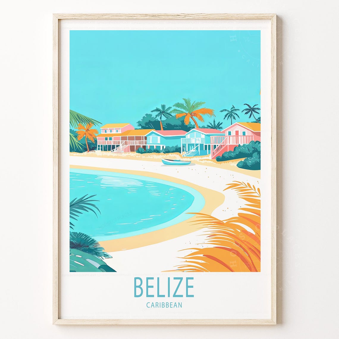 Belize Caribbean Beach Huts Retro Travel Tropical Coast Poster
