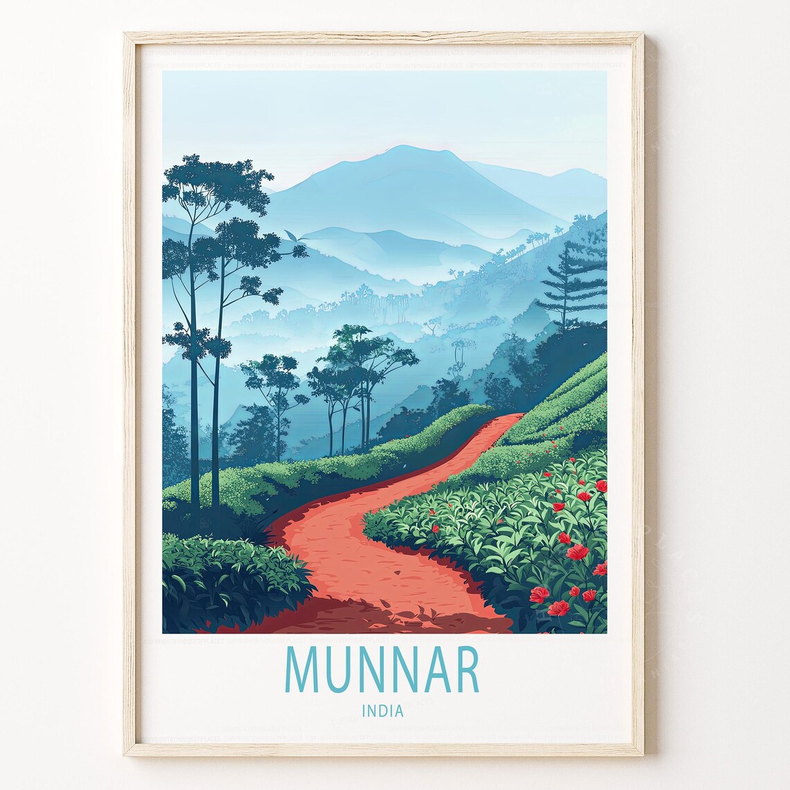Munnar India Tea Gardens Red Road Blue Mountain Hills Travel Poster