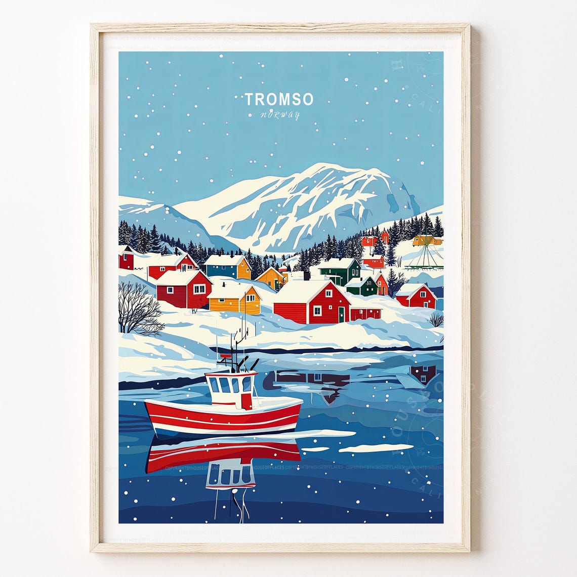 Tromso Norway Snowfall Winter Harbor Red Boat Arctic Scene Poster