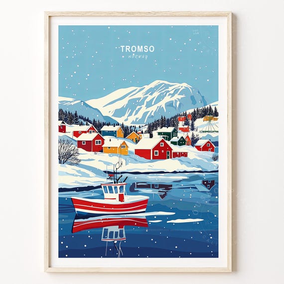 Tromso Skiing Poster Norway Winter Print Travel Wall Art Minimalist Wedding Present