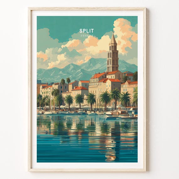 Split Croatia Harbor Bell Tower Palm Waterfront Travel Poster