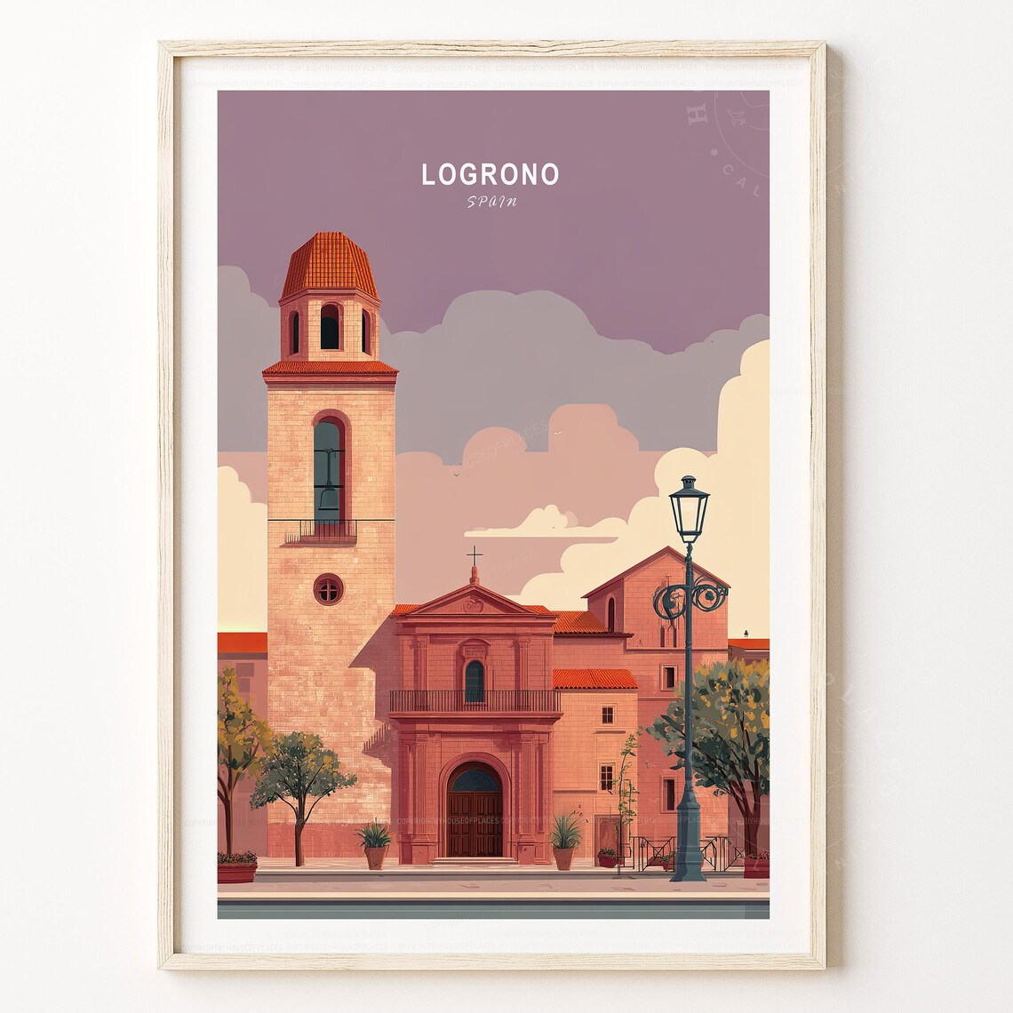 Logrono Spain Church Bell Tower Plaza Lavender Sky Travel Poster