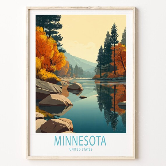 Minnesota Autumn River Landscape Travel Poster Fall Foliage Woods