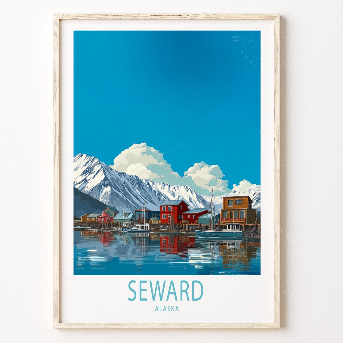 Seward Alaska Fishing Harbor Colorful Boats Snow Peak Travel Poster