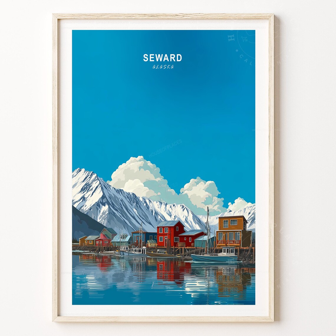 Seward Alaska Blue Sky Snow Peak Harbor Boats Vintage Travel Poster