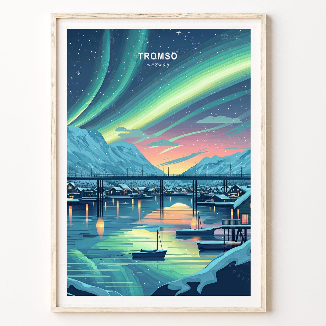 Tromso Norway Northern Lights Over Snowy Harbor Town Scene Poster