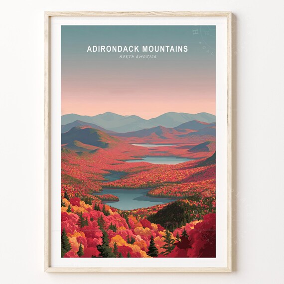 Adirondack Mountains Crimson Fall Forest Lakes Scenic Travel Poster
