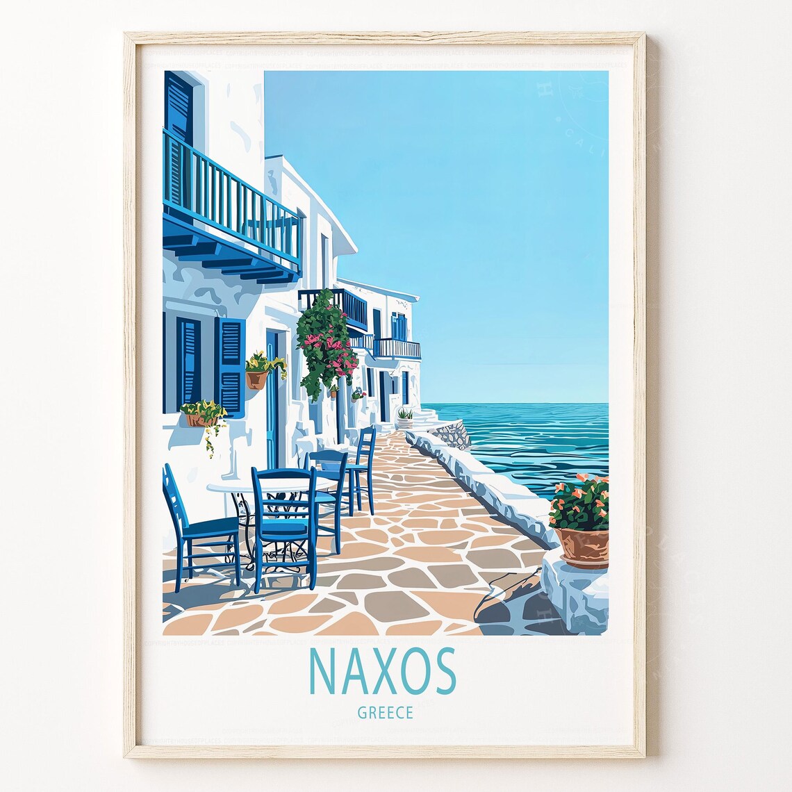 Naxos Greece Whitewashed Island Street Blue Shutters Sea Travel Poster