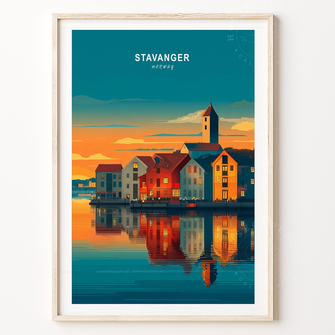 Stavanger Norway Harbor Sunset Historic Houses Travel Poster