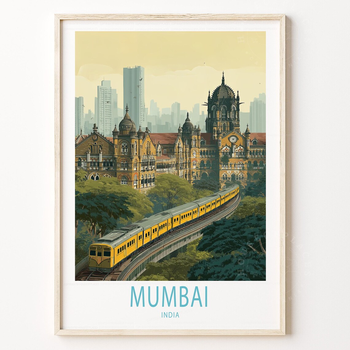 Mumbai India Historic Station Yellow Train Vintage Travel Poster