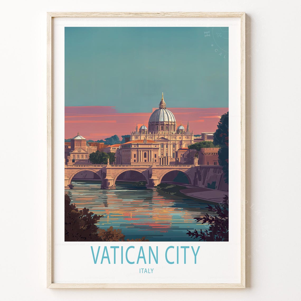 Vatican City Italy St Peters Basilica Dusk River Vintage Travel Poster