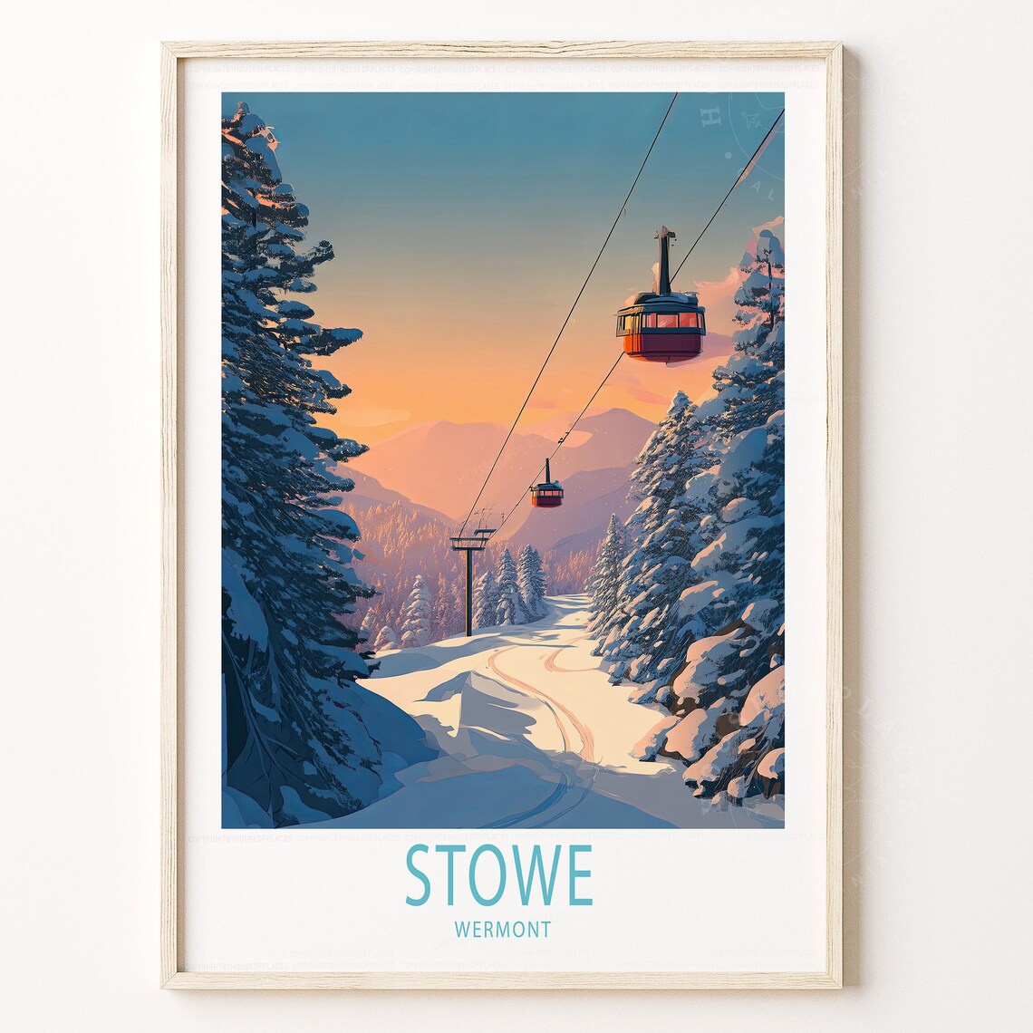 Stowe Vermont Skiing Travel Poster, Winter Landscape