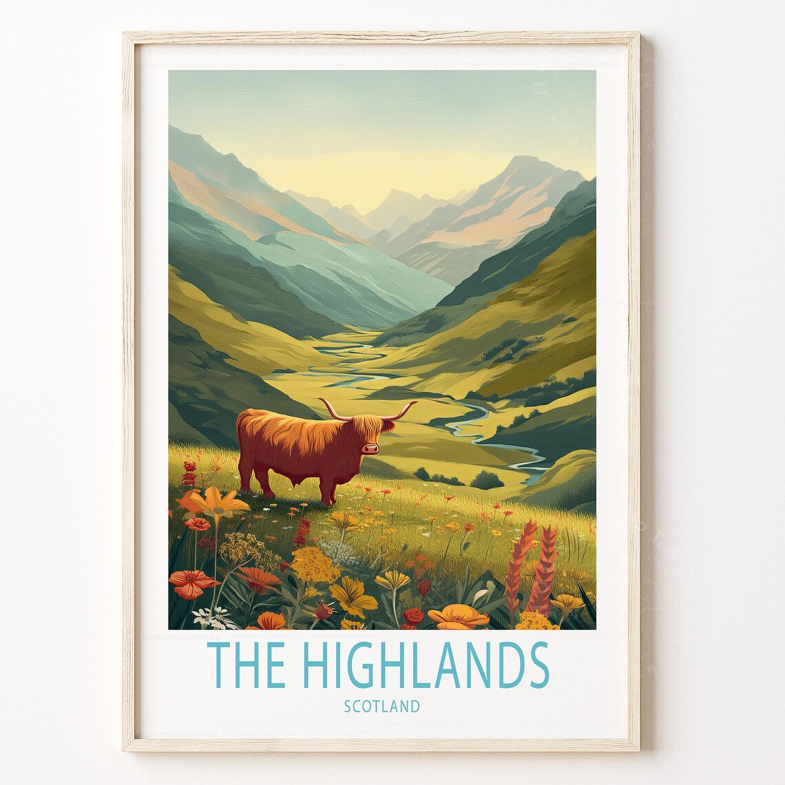The Highlands Scotland Highland Cow Wildflower Meadow Poster