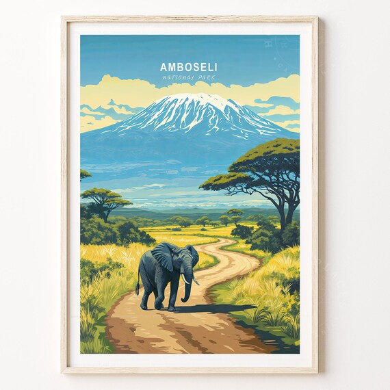 Amboseli National Park Elephant Savanna Mountain View Art Poster