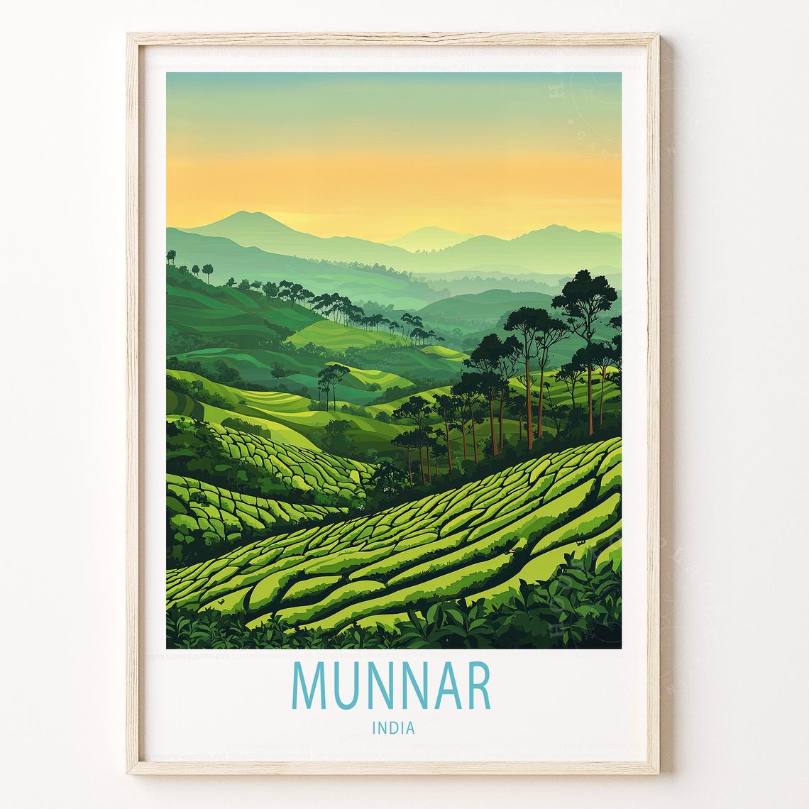 Munnar India Tea Plantation Sunset Hills Vintage Travel Poster