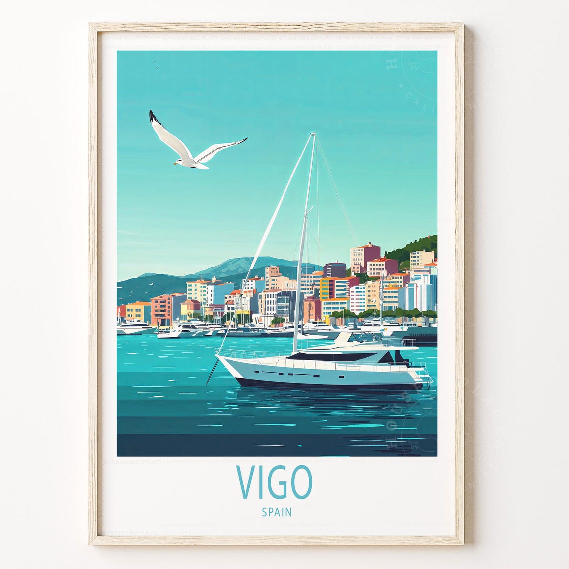 Vigo Spain Harbor Sailboat Turquoise Coast Retro Travel Poster
