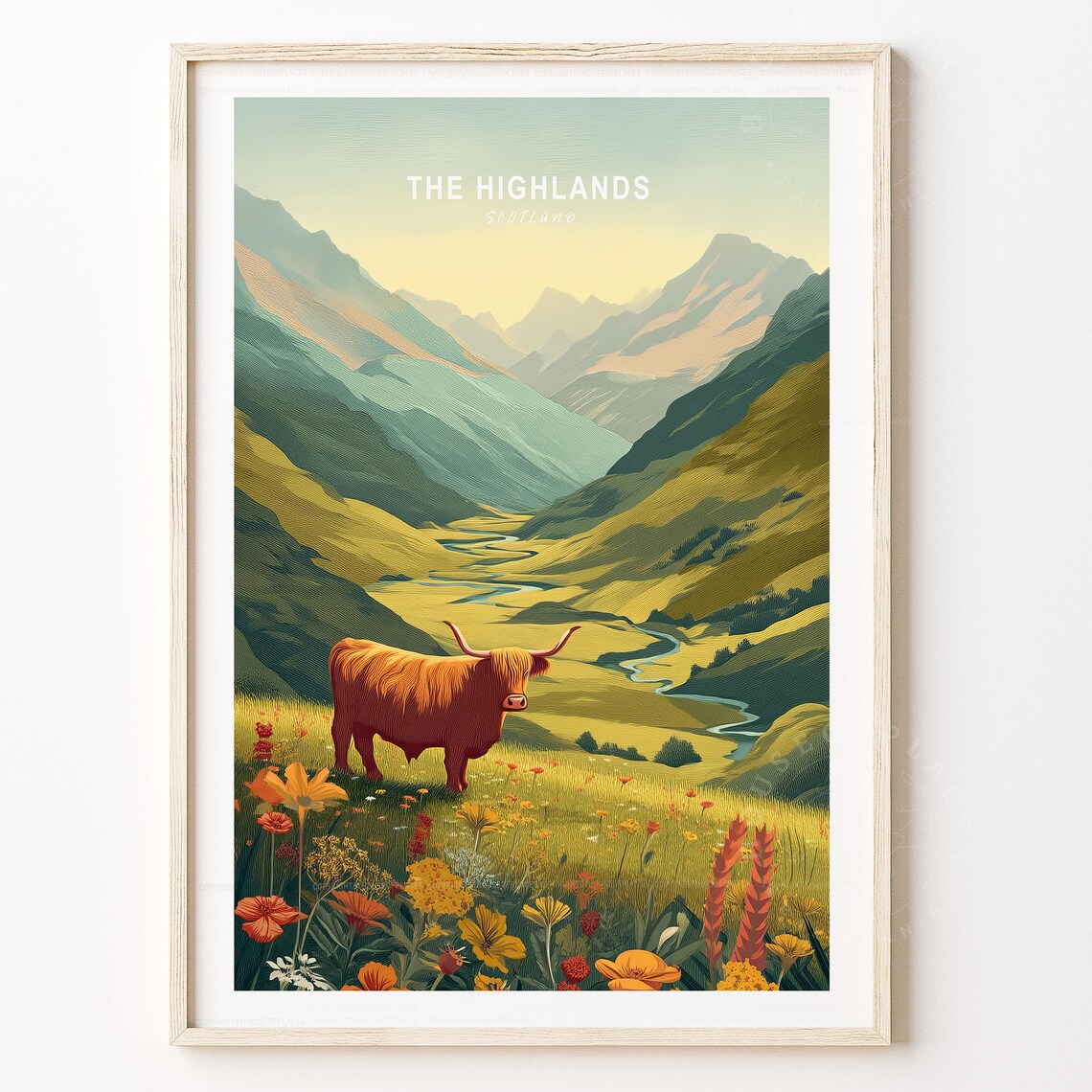 The Highlands Scotland Highland Cow Valley Sunset Travel Poster