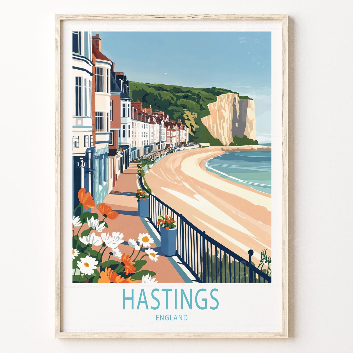 Hastings England Seaside Promenade Beach Flowers Retro Travel Poster
