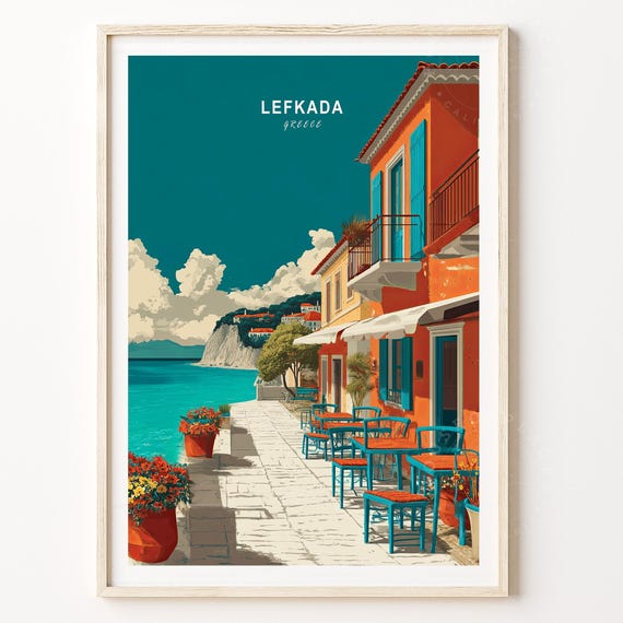 Lefkada Greece Coastal Cafe Terrace Turquoise Sea Travel Poster