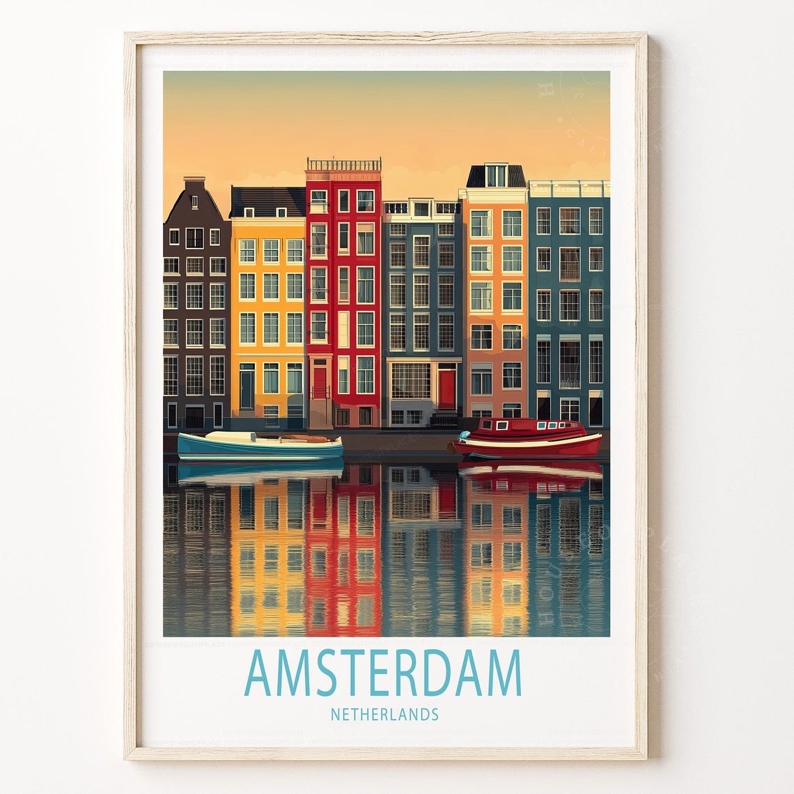 Amsterdam Netherlands Canal Houses Sunset Reflection Travel Poster