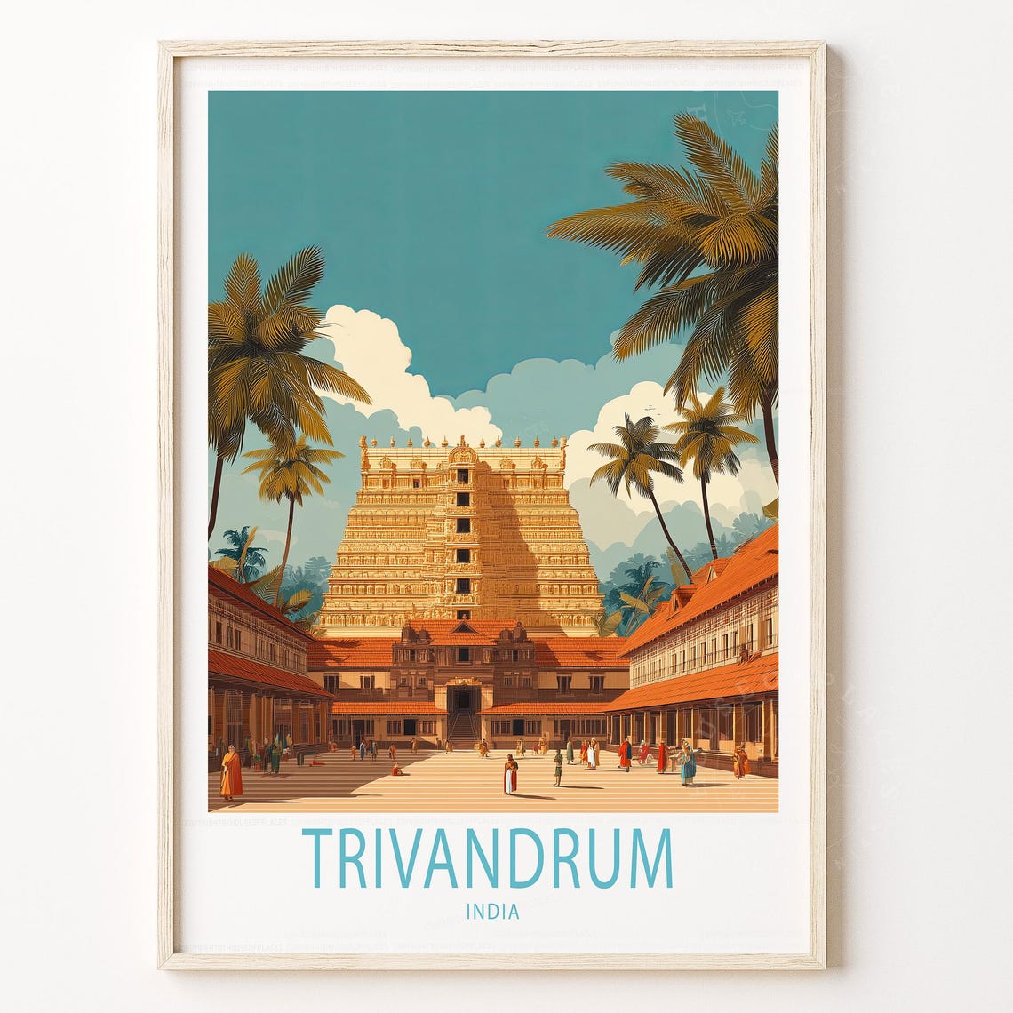 Trivandrum India Temple Tower Vintage Travel Palm Tree Poster