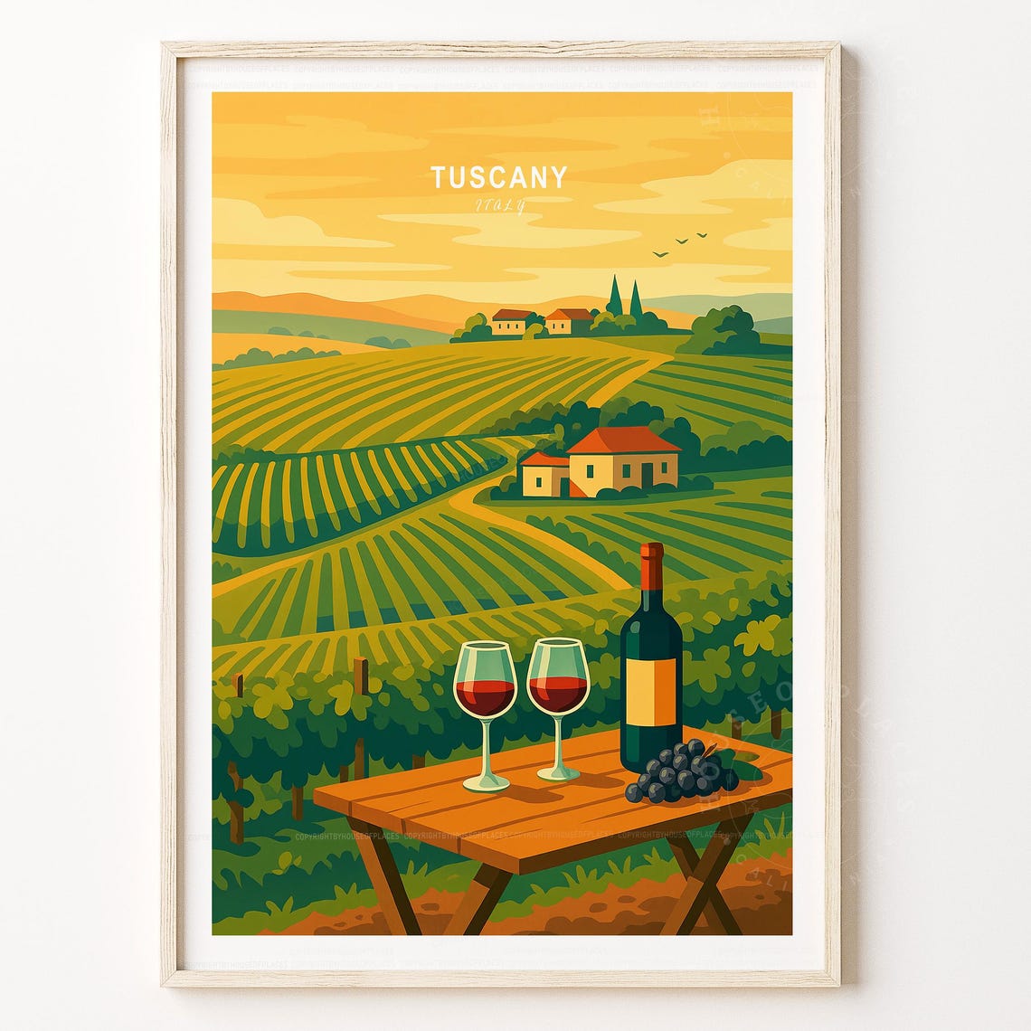 Tuscany Italy Golden Vineyard Sunset Wine Bottle Glasses Poster