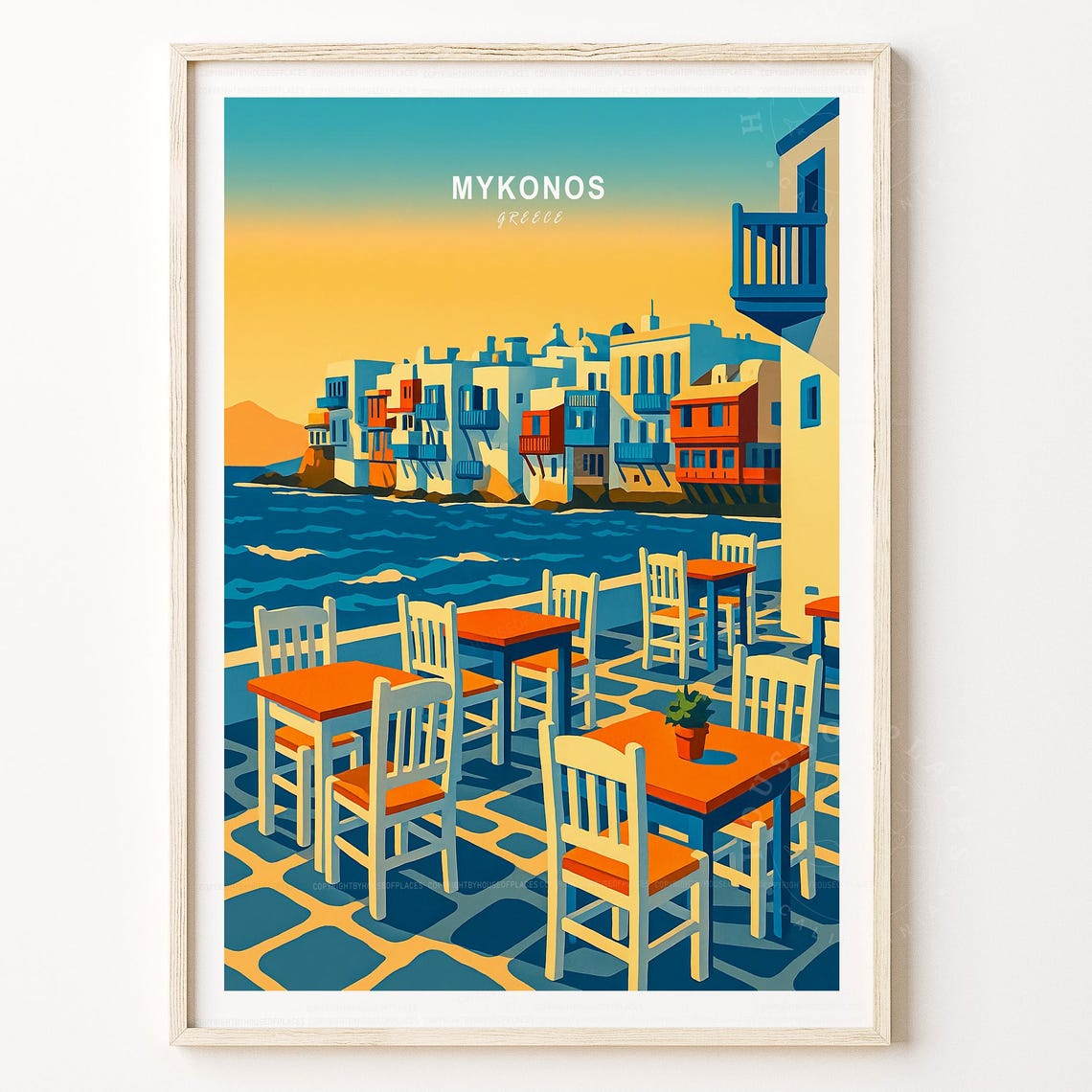 Beautiful Mykonos Greece Seaside Taverna Tables Sunset Print