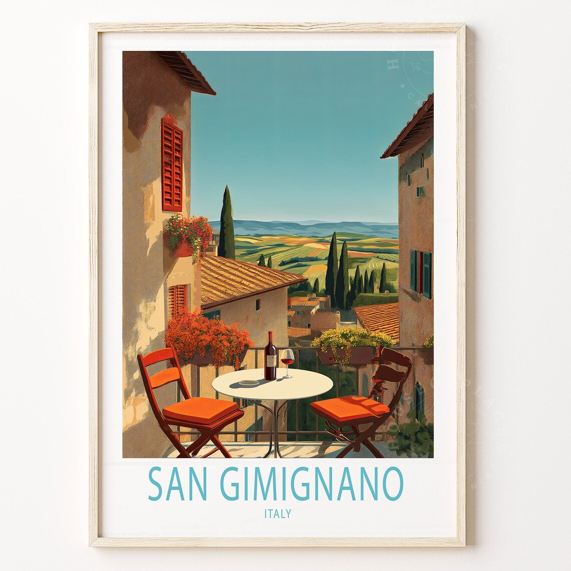 Sunlit San Gimignano Italy Tuscan Balcony Wine View Travel Poster