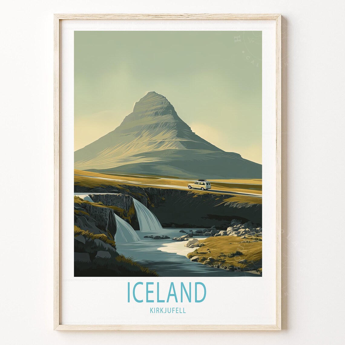 Iceland Kirkjufell Falls Camper Van Adventure Retro Travel Poster