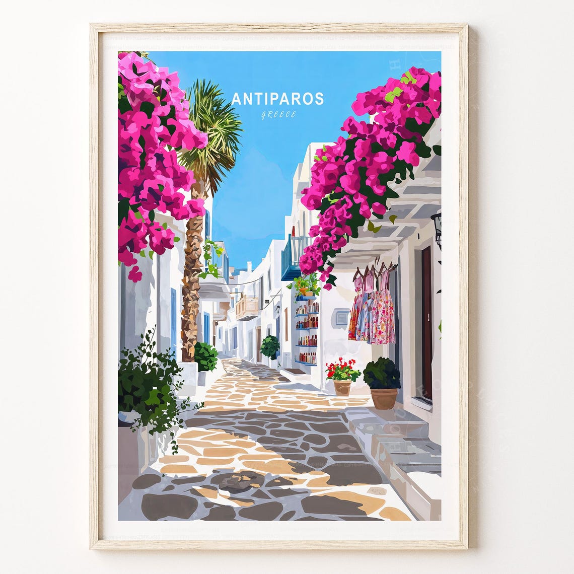 Antiparos Greece Sunny Cobblestone Street Bougainvillea Travel Poster