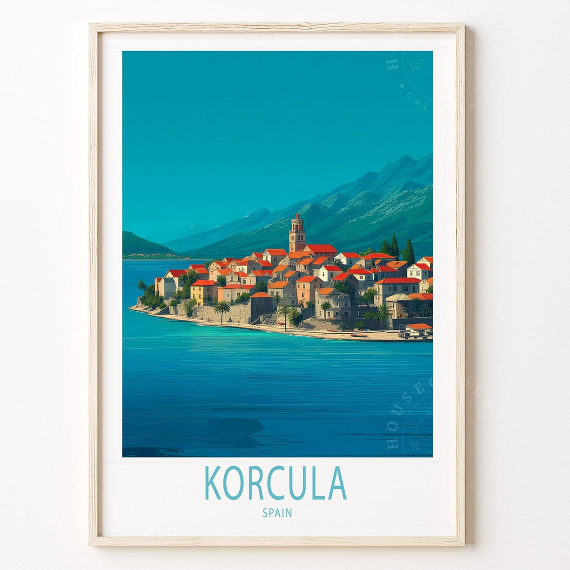 Sunny Korcula Coastal Old Town Red Roofs Adriatic Travel Poster