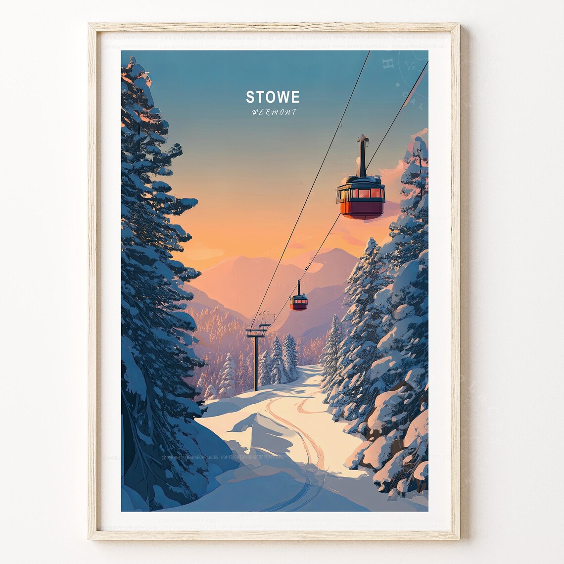 Stowe Vermont Snowy Mountain Gondola Ride Sunset Ski Travel Poster