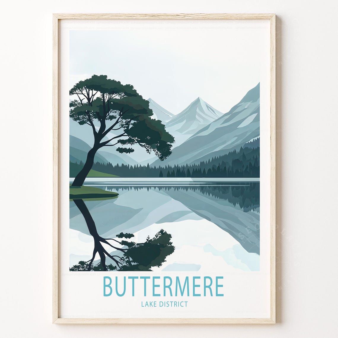 Buttermere Lake District Teal Mountain Reflection Travel Poster