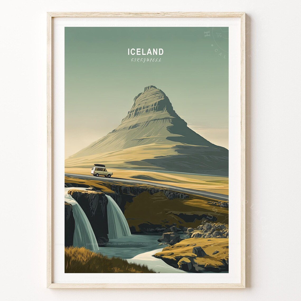 Iceland Kirkjufell Mountain Road Waterfalls Retro Travel Poster