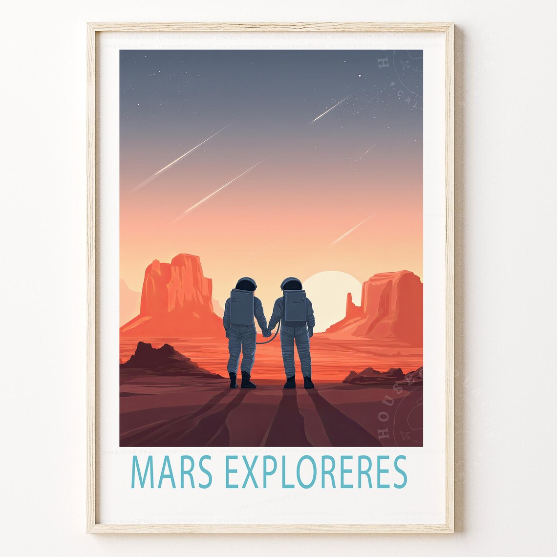 Mars Explorerers Retro Astronauts Red Sunset Space Travel Poster