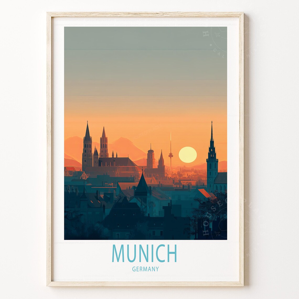 Munich Germany Sunset Skyline Minimalist Bavarian City Travel Poster